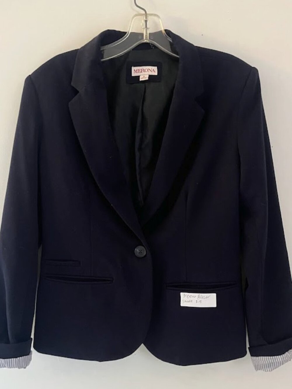 Merona Women’s Black One-Button Blazer, Striped Cuff Lining, Lined, Size Small,
